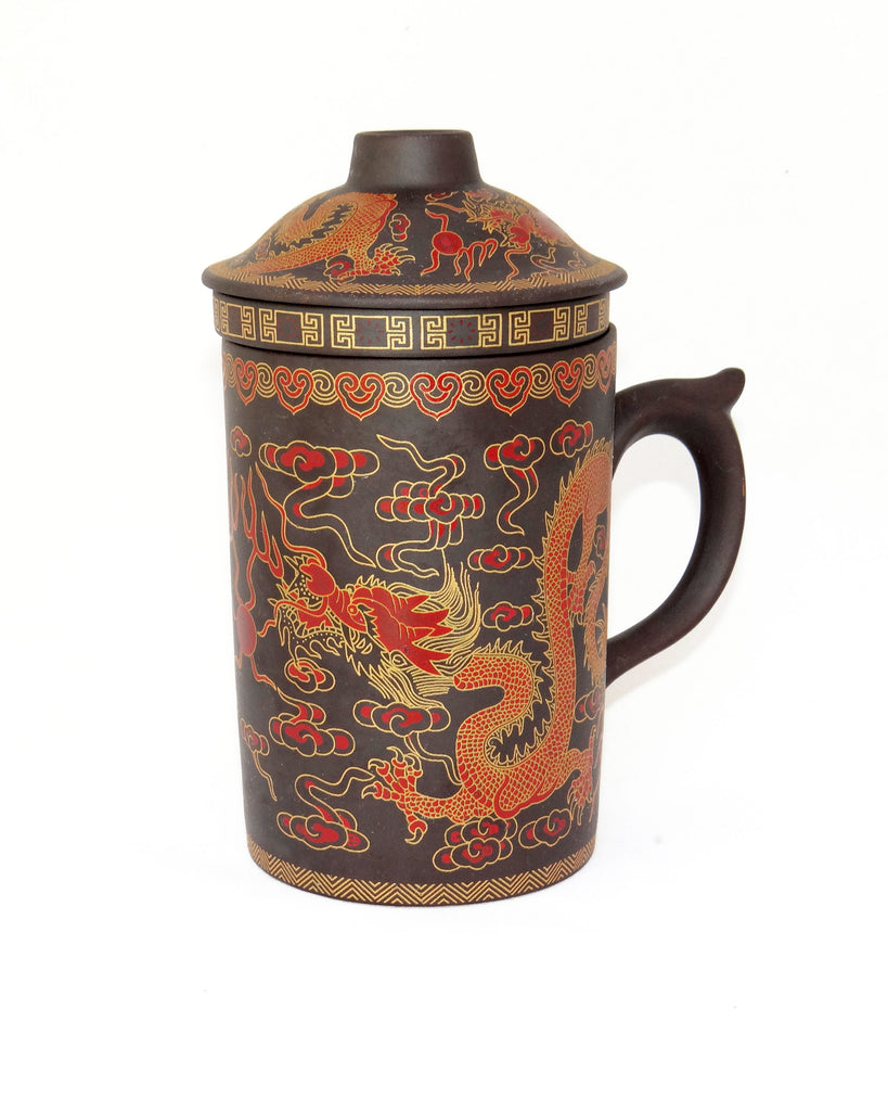 Gold and Red Dragon Yixing  clay lidded mug